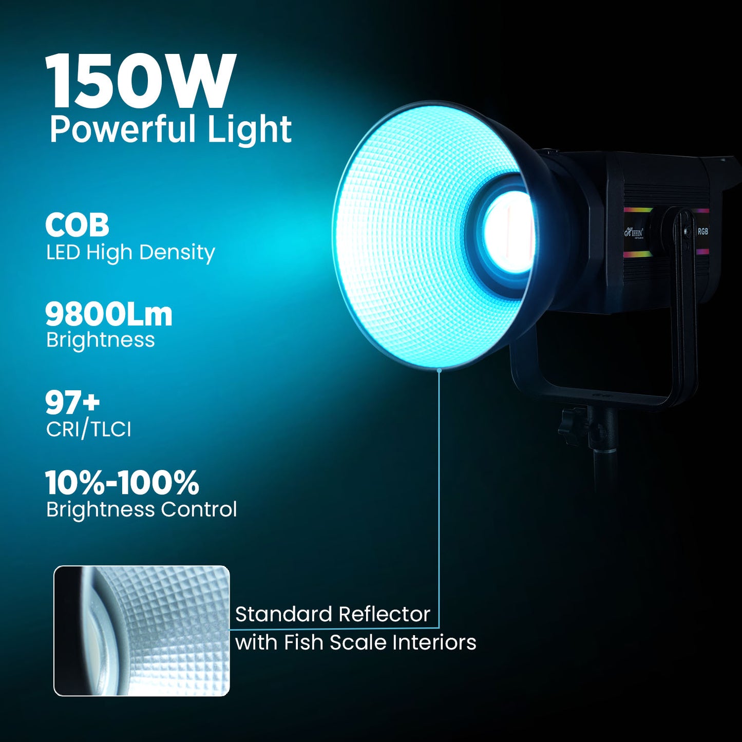 150 Watt RGB LED Video Light 2800K-6800K, 11 FX Modes, 9800Lm Brightness, Remote Control, 220V Power Supply