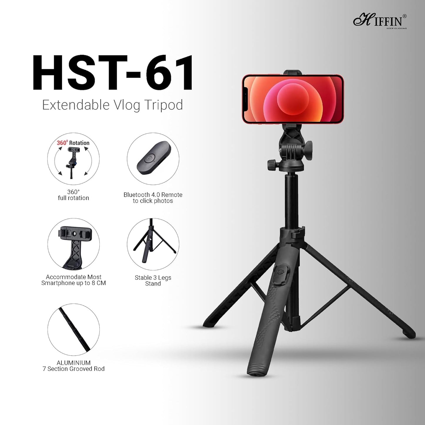 HIFFIN HST-61 1.6 Meter Portable Long Selfie Stick Tripod with Wireless Remote & 3 Legs Tripod Base