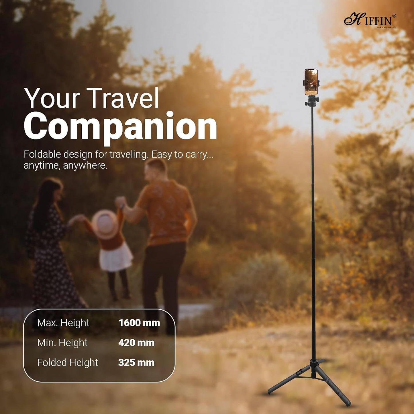 HIFFIN HST-61 1.6 Meter Portable Long Selfie Stick Tripod with Wireless Remote & 3 Legs Tripod Base