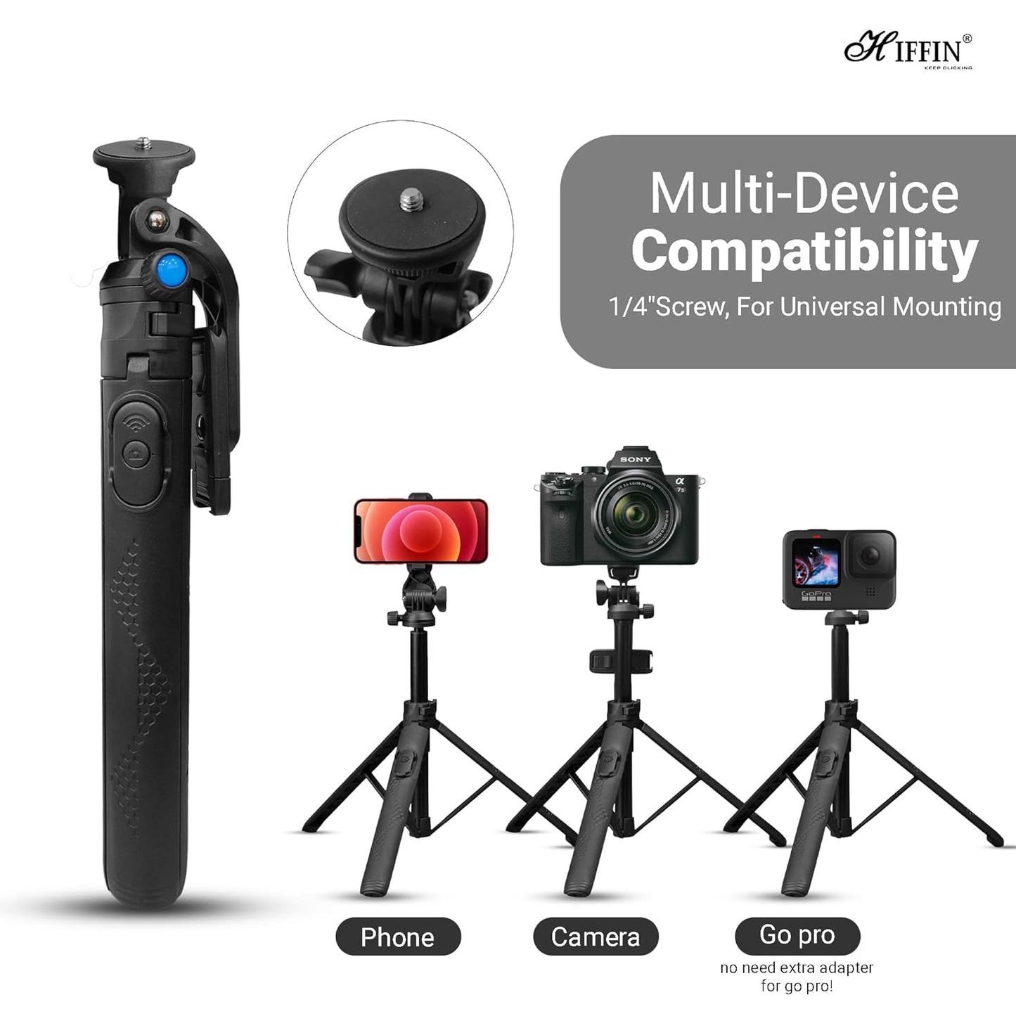 HIFFIN HST-61 1.6 Meter Portable Long Selfie Stick Tripod with Wireless Remote & 3 Legs Tripod Base