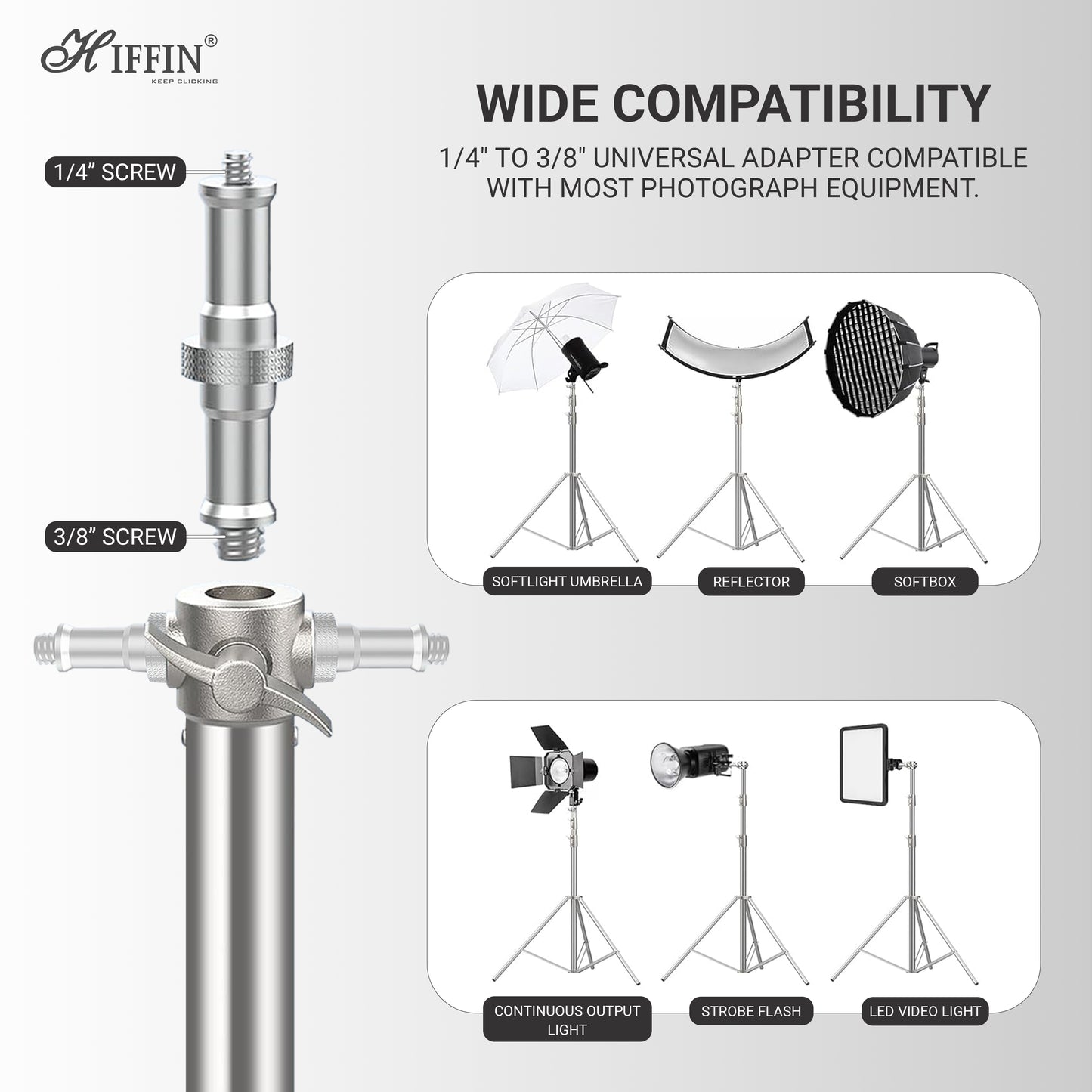 HIFFIN Stainless Steel Heavy Duty 99.06-279.4 CM Adjustable Light Stand with 0.635 CM to 0.9525 CM Universal Adapter for Studio Monolights, Softbox, and More Equipment
