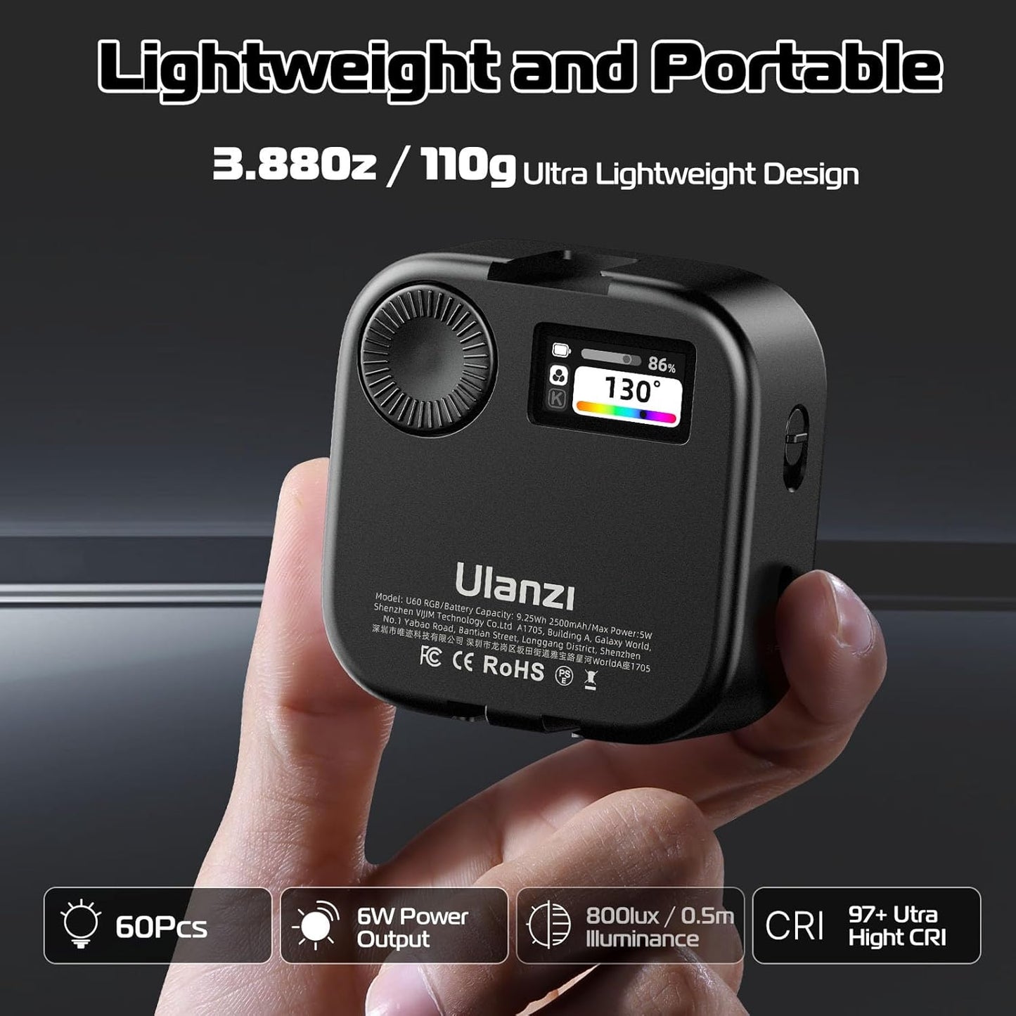 Ulanzi U60 (Black) RGB Video Light, 360° Color, CRI≥95, 2500-9000K, 2500mAh