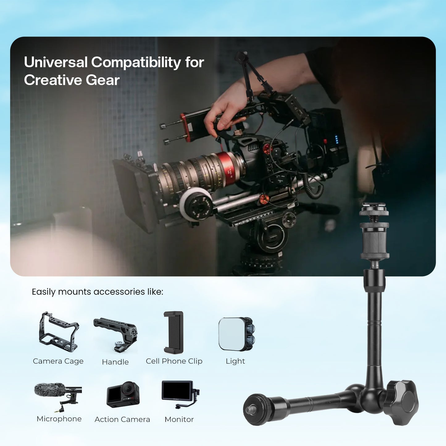 HIFFIN® Magic arm11 Inch Adjustable Friction Articulating Magic 1/4-inch Hot Shoe Connector Arm for LCD Monitor LED Camera