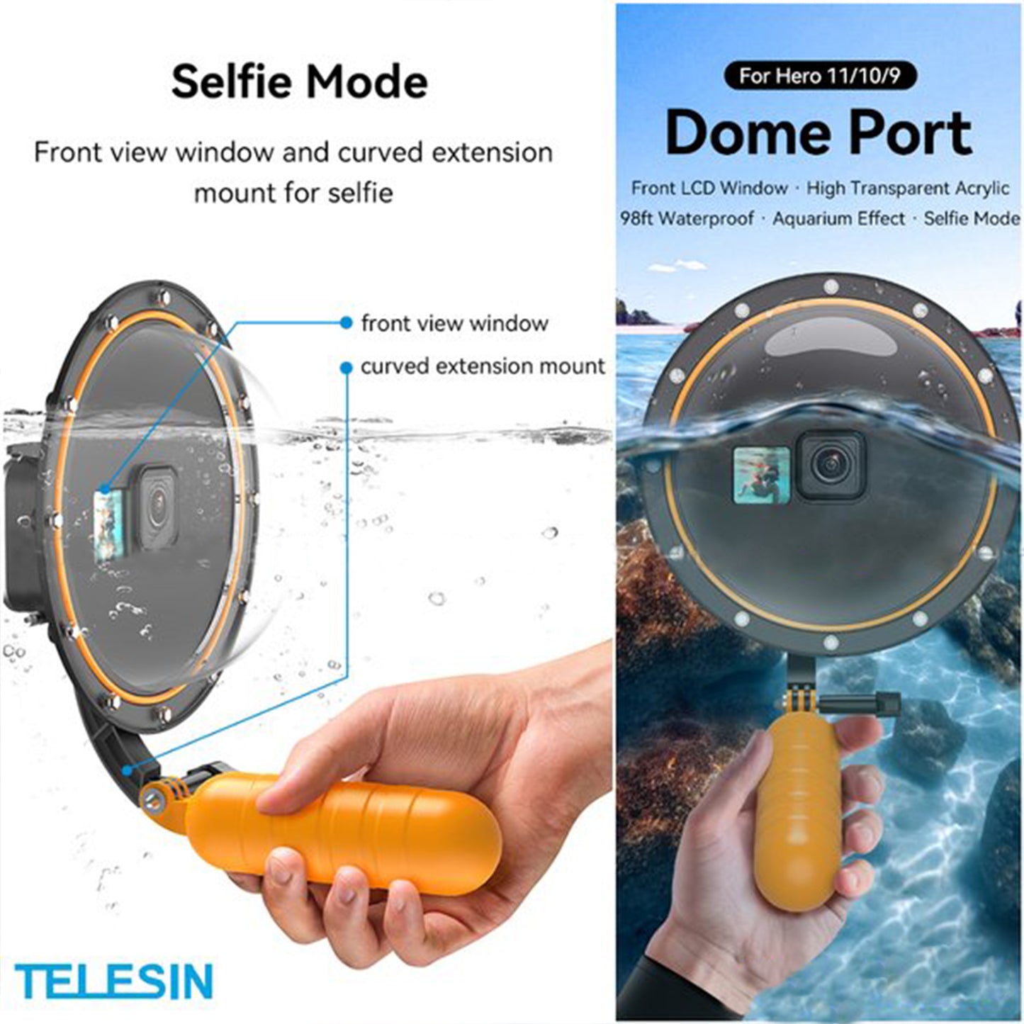 TELESIN 6-inch Dome Port Lens for Hero 12, 11/10/9 Black - Complete Underwater Photography Kit with Waterproof Housing, Floating Grip Trigger, and Transparent Cover