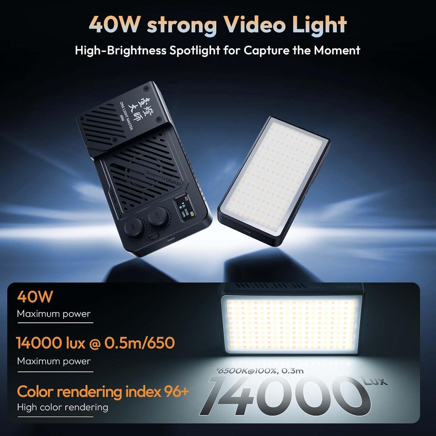 ULANZI P40 RGB LED Video Light 40W, 5000mAh, CRI96+, 2700K-6500K, PD Quick Charge, Fan, Magnetic Diffuser, 1/4" Thread