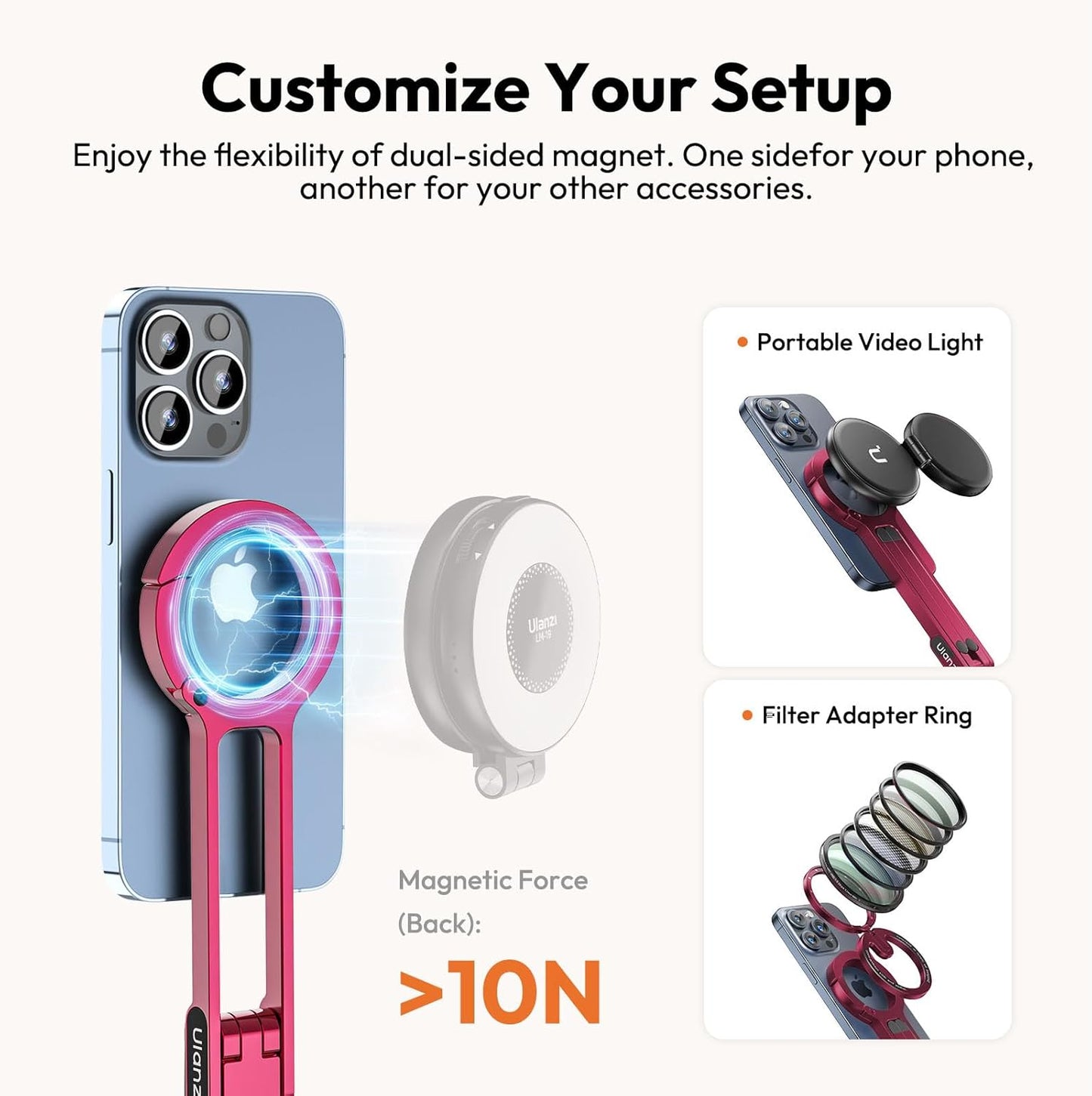 Ulanzi MA30 Magnetic Phone Tripod Stand for iPhone, Aluminium, MagSafe, Red