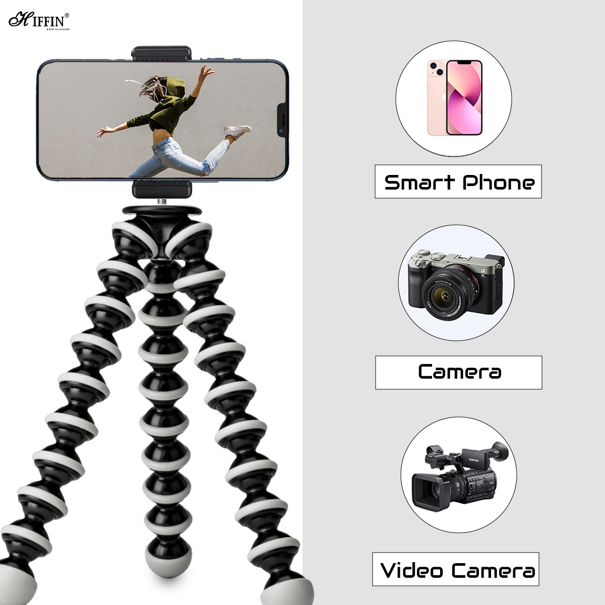 HIFFIN 13 inch/33.02 CM Jumbo Flexible Gorillapod Tripod with Mobile Attachment for DSLR, Action Cameras & Smartphones(Black)(Gorilla Jumbo Tripod 13 + 3 inches with Holder R)