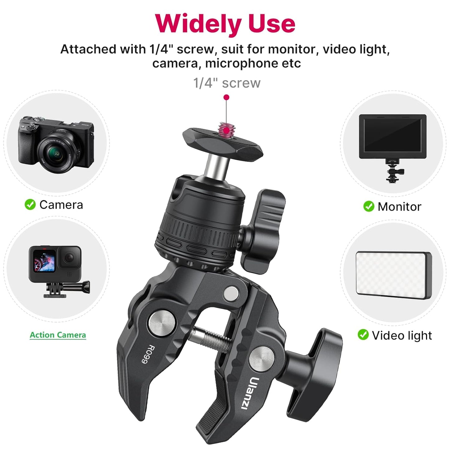 ULANZI R099 Super Clamp Camera Mount with 360° Ballhead for Bike/Bicycle/Motorcycle Handlebar Pole Tripod Tube Crossbar Gimbal Rods Mount