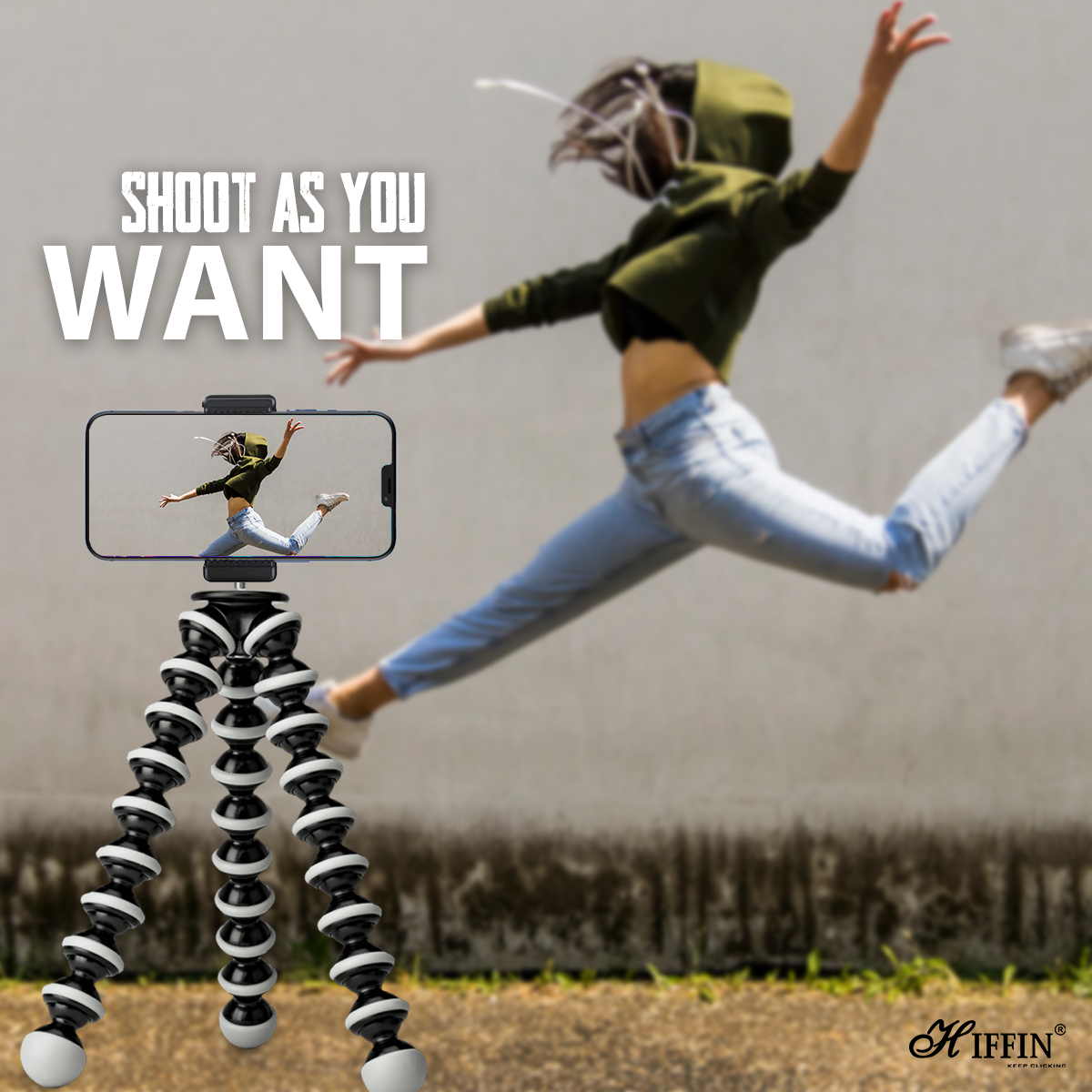 HIFFIN 13 inch/33.02 CM Jumbo Flexible Gorillapod Tripod with Mobile Attachment for DSLR, Action Cameras & Smartphones(Black)(Gorilla Jumbo Tripod 13 + 3 inches with Holder R)