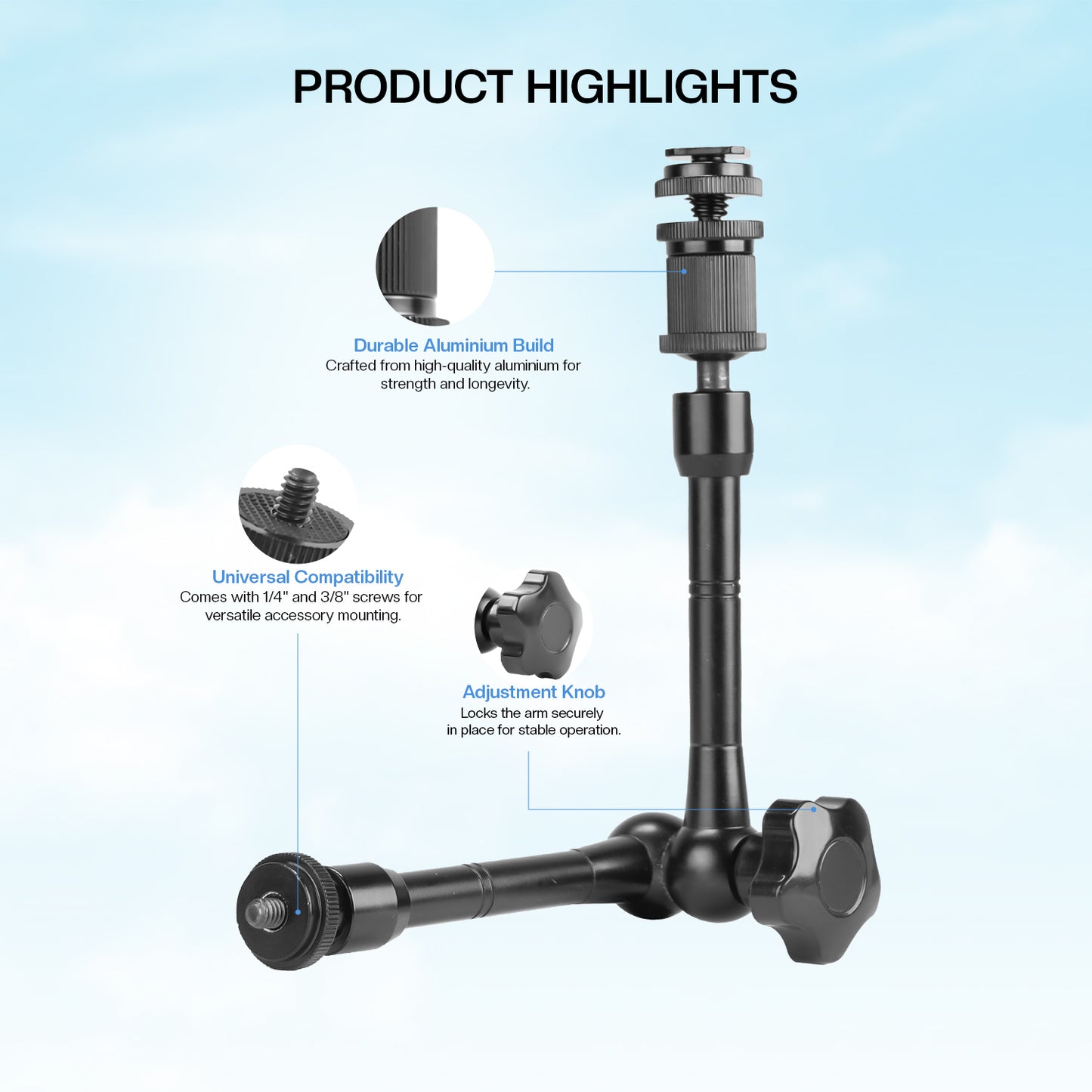 HIFFIN® Magic arm11 Inch Adjustable Friction Articulating Magic 1/4-inch Hot Shoe Connector Arm for LCD Monitor LED Camera
