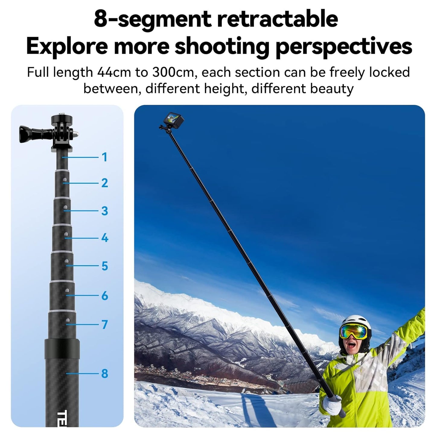 TELESIN G3 Long Selfie Stick Pole (Upgraded 118"/3M), Carbon Fiber Lightweight Waterproof Extension Monopod