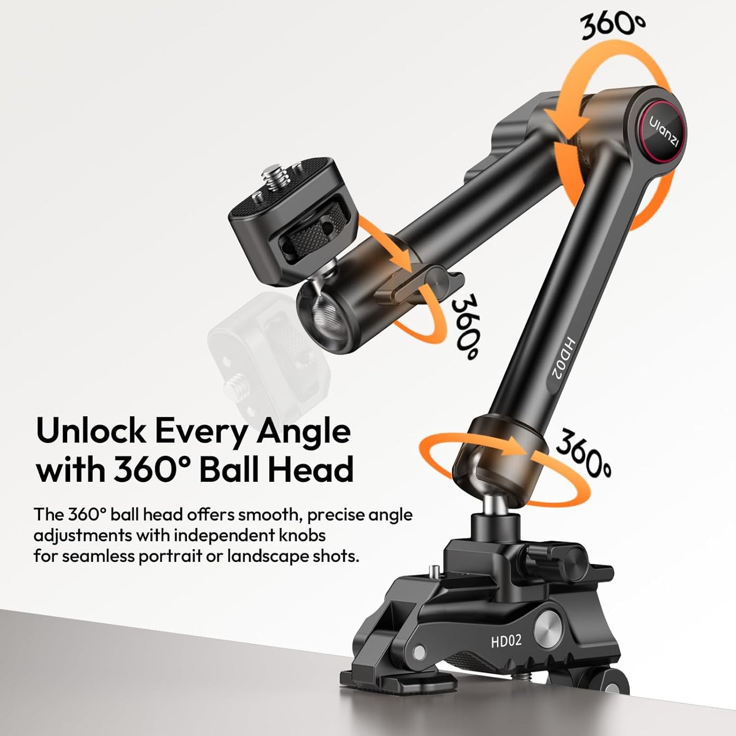 HD02 10" Magic Arm Super Clamp, Camera Mount, 1/4" 3/8"Pins NATO Rail