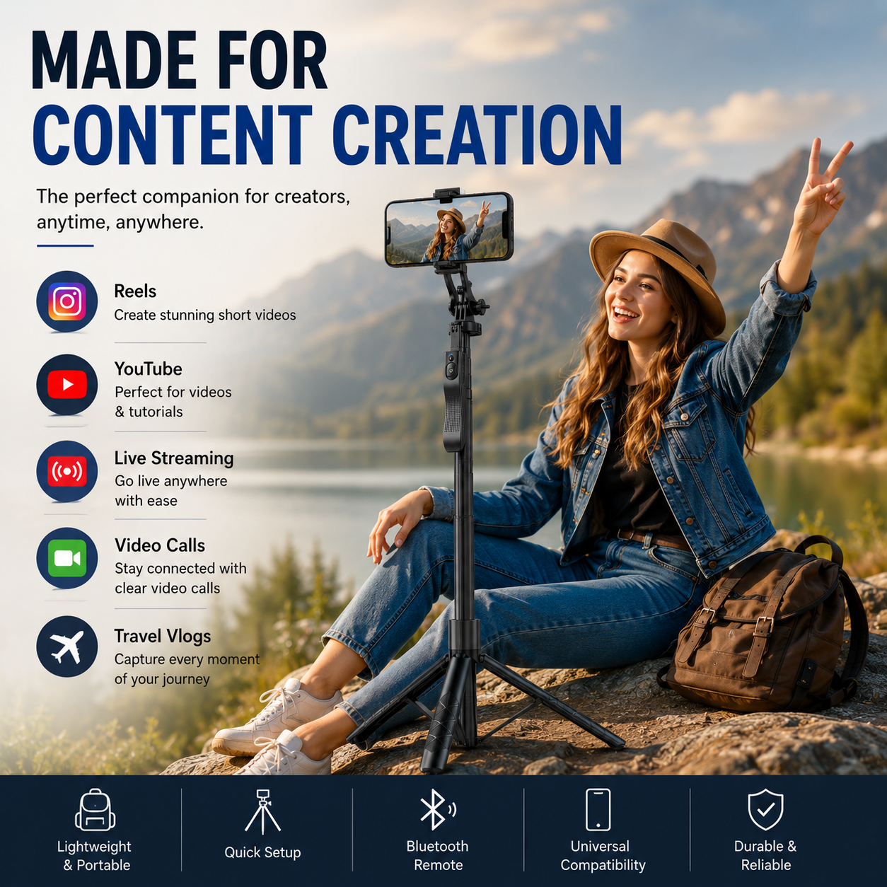 H16 Selfie Stick Tripod Bluetooth Remote 157cm 360° Android iPhone