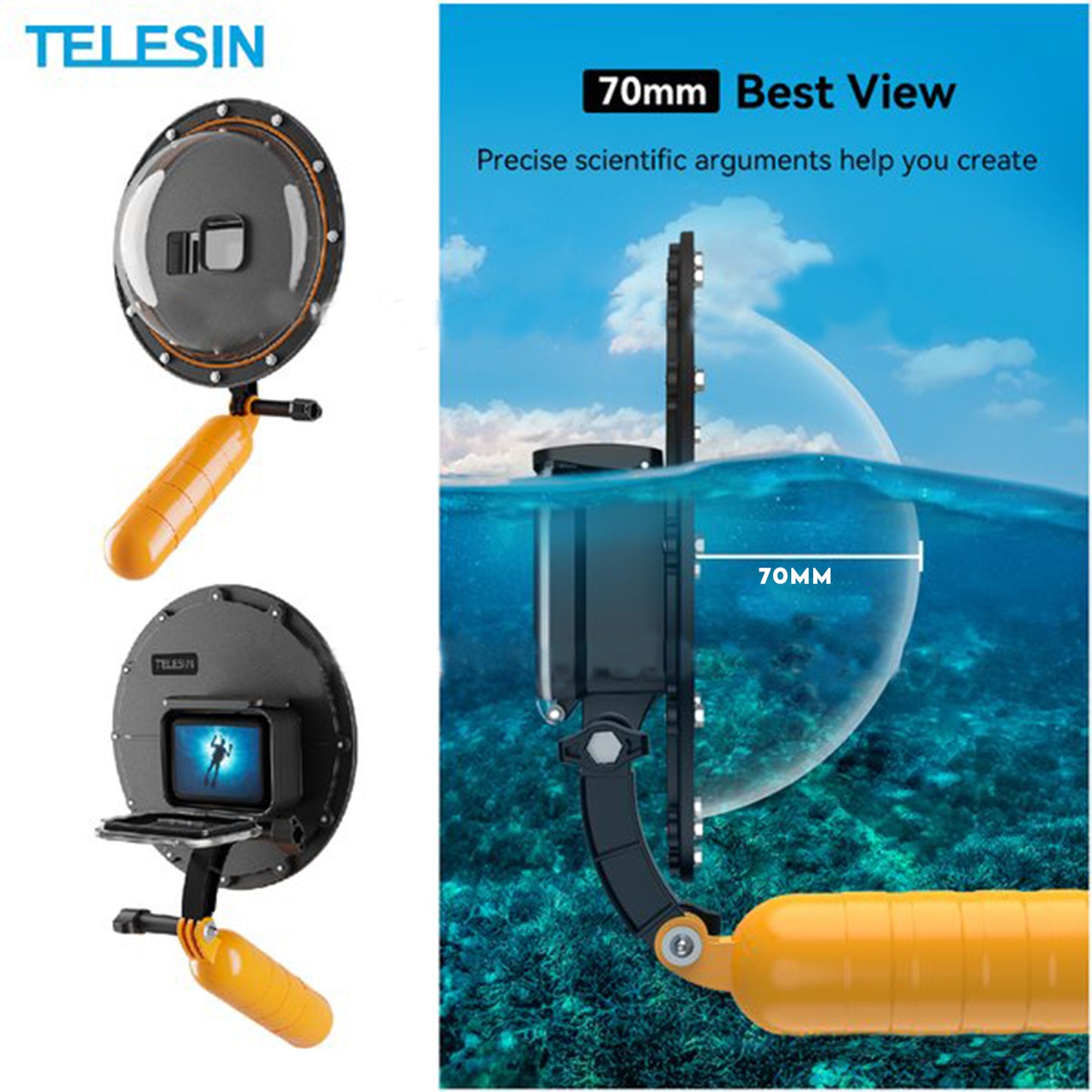 TELESIN 6-inch Dome Port Lens for Hero 12, 11/10/9 Black - Complete Underwater Photography Kit with Waterproof Housing, Floating Grip Trigger, and Transparent Cover