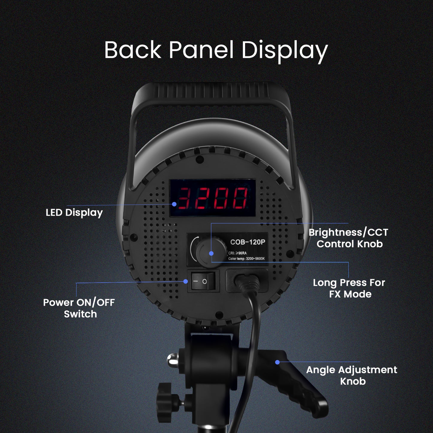 COB-120P Professional 120W Bi-Color Video Light for Studio Film Recording, 3200K-5600K Dimmable with Remote Control