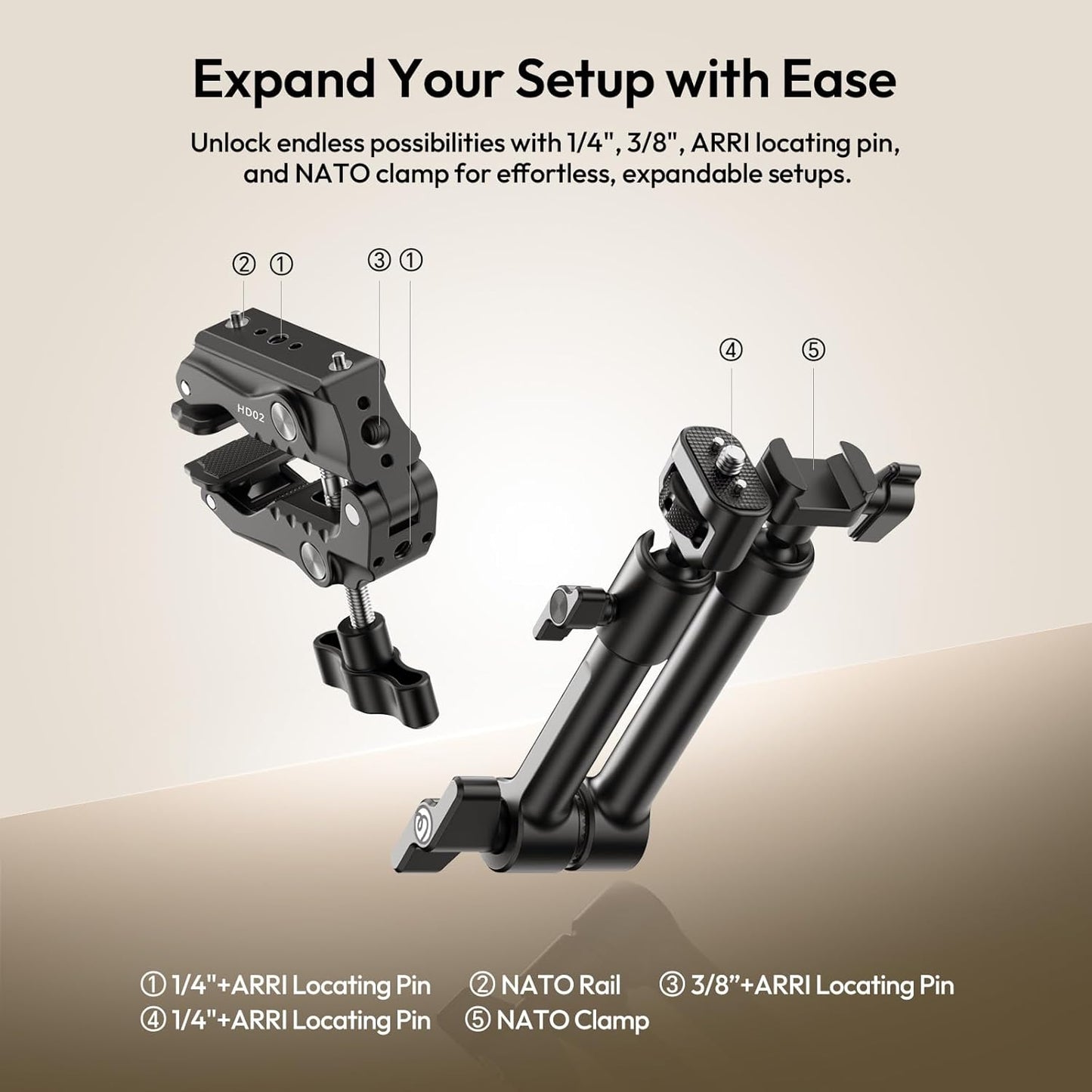 HD02 10" Magic Arm Super Clamp, Camera Mount, 1/4" 3/8"Pins NATO Rail