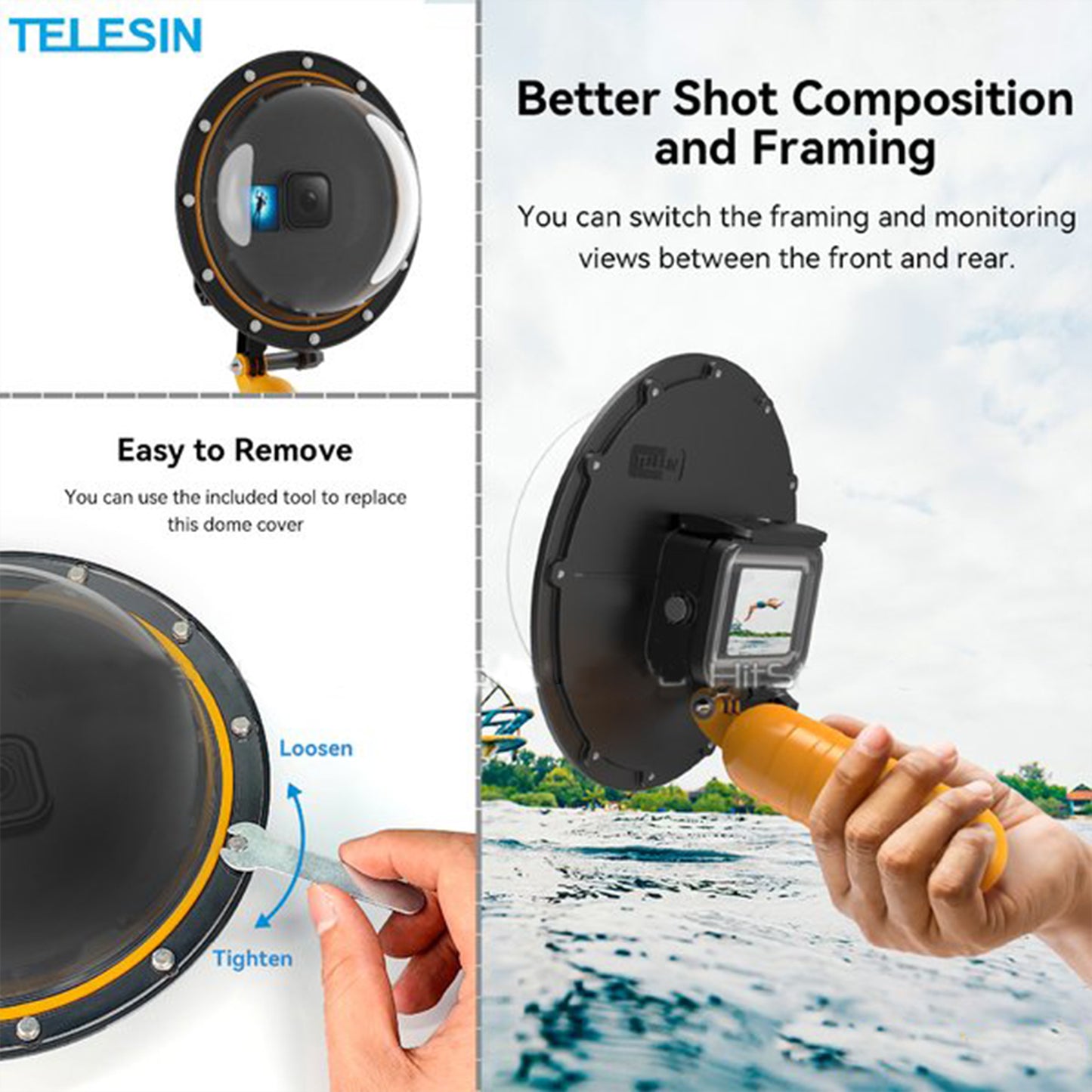 TELESIN 6-inch Dome Port Lens for Hero 12, 11/10/9 Black - Complete Underwater Photography Kit with Waterproof Housing, Floating Grip Trigger, and Transparent Cover