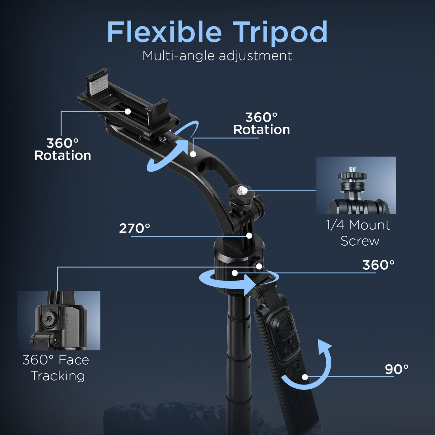 H8 Smart AI 360° Face-Tracking Selfie Stick Tripod, 63in/160cm Quad-Leg Stand