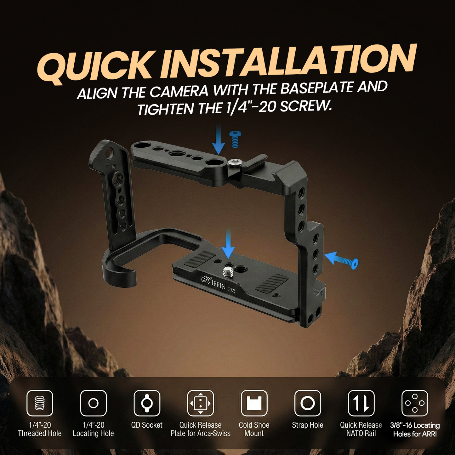 FX2 Metal Camera Cage Arca-Type Quick Release Cold Shoe 1/4″ & 3/8″ Thread Mount