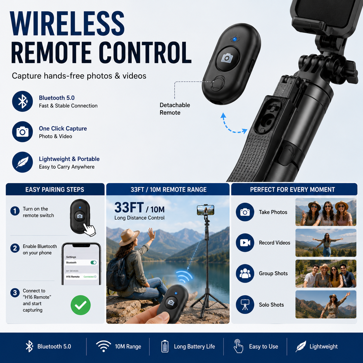 H16 Selfie Stick Tripod Bluetooth Remote 157cm 360° Android iPhone