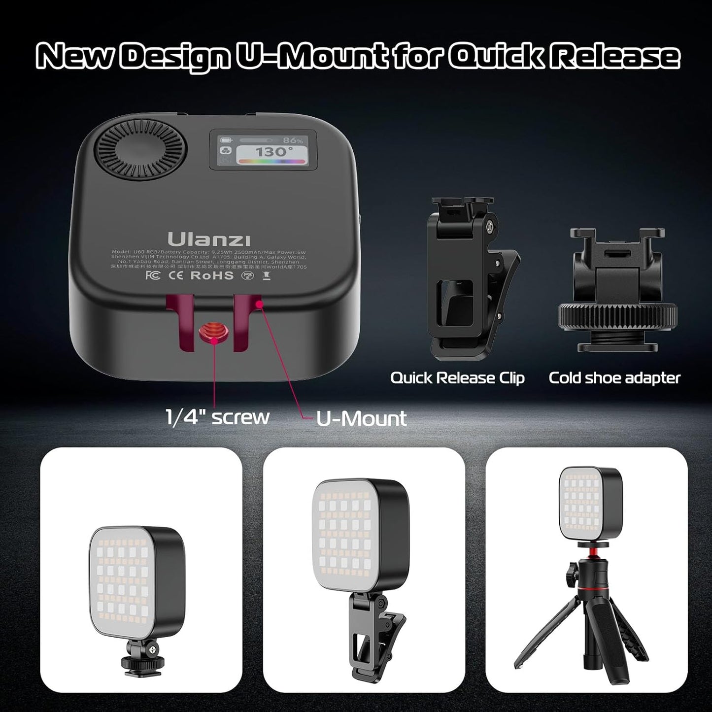 Ulanzi U60 (Black) RGB Video Light, 360° Color, CRI≥95, 2500-9000K, 2500mAh