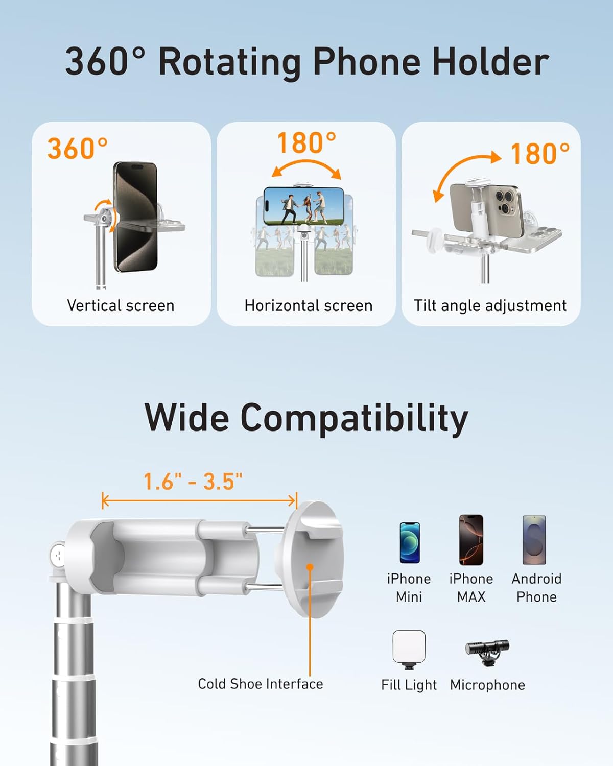 TELESIN 70" Phone Tripod Stand, Auto-Open Selfie Stick, Magnetic Remote, 360° Adjustable