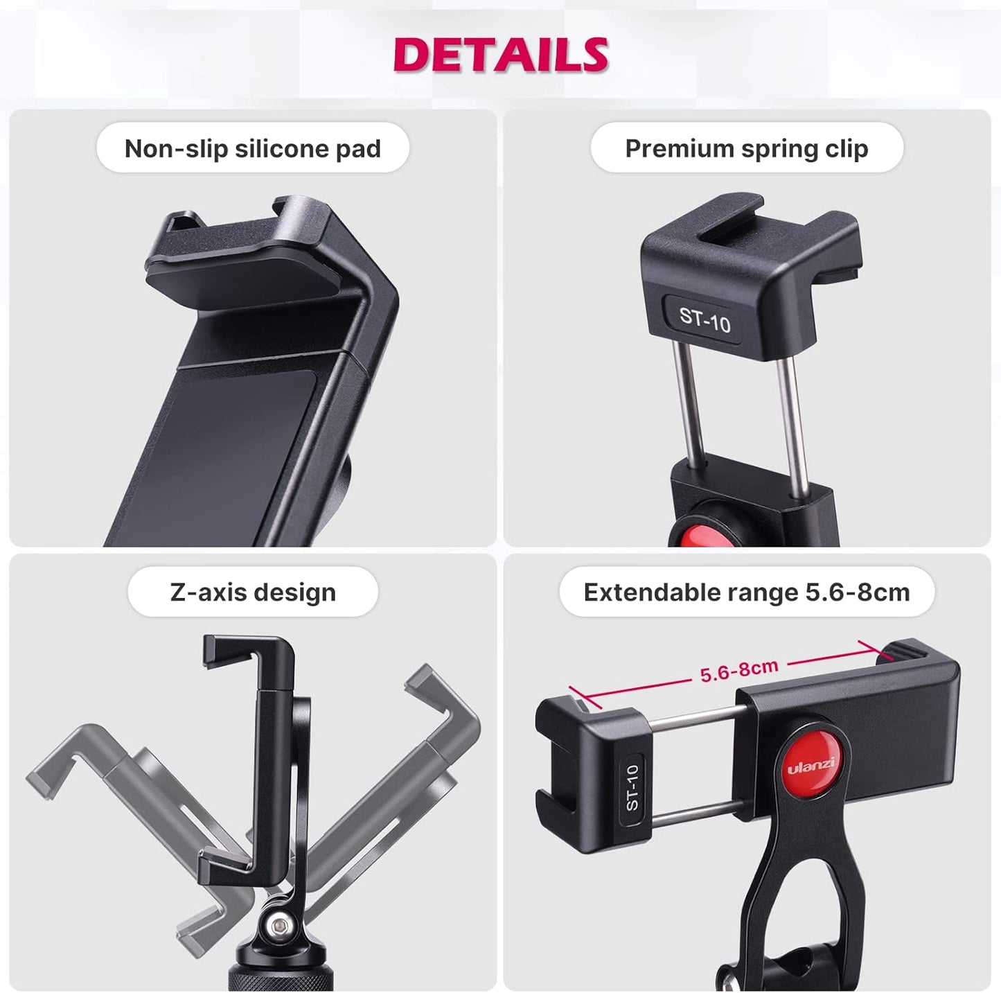 ULANZI ST-10 Metal Phone Tripod Mount, 360° Universal Clamp, 2 Cold Shoes