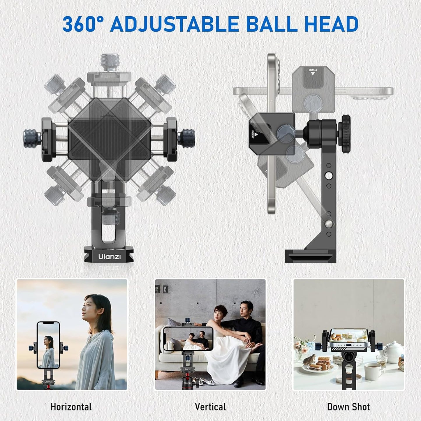Ulanzi MA53 Phone Tripod Adapter, Arca/UKA, 2 Cold Shoe, 360° Metal Mount