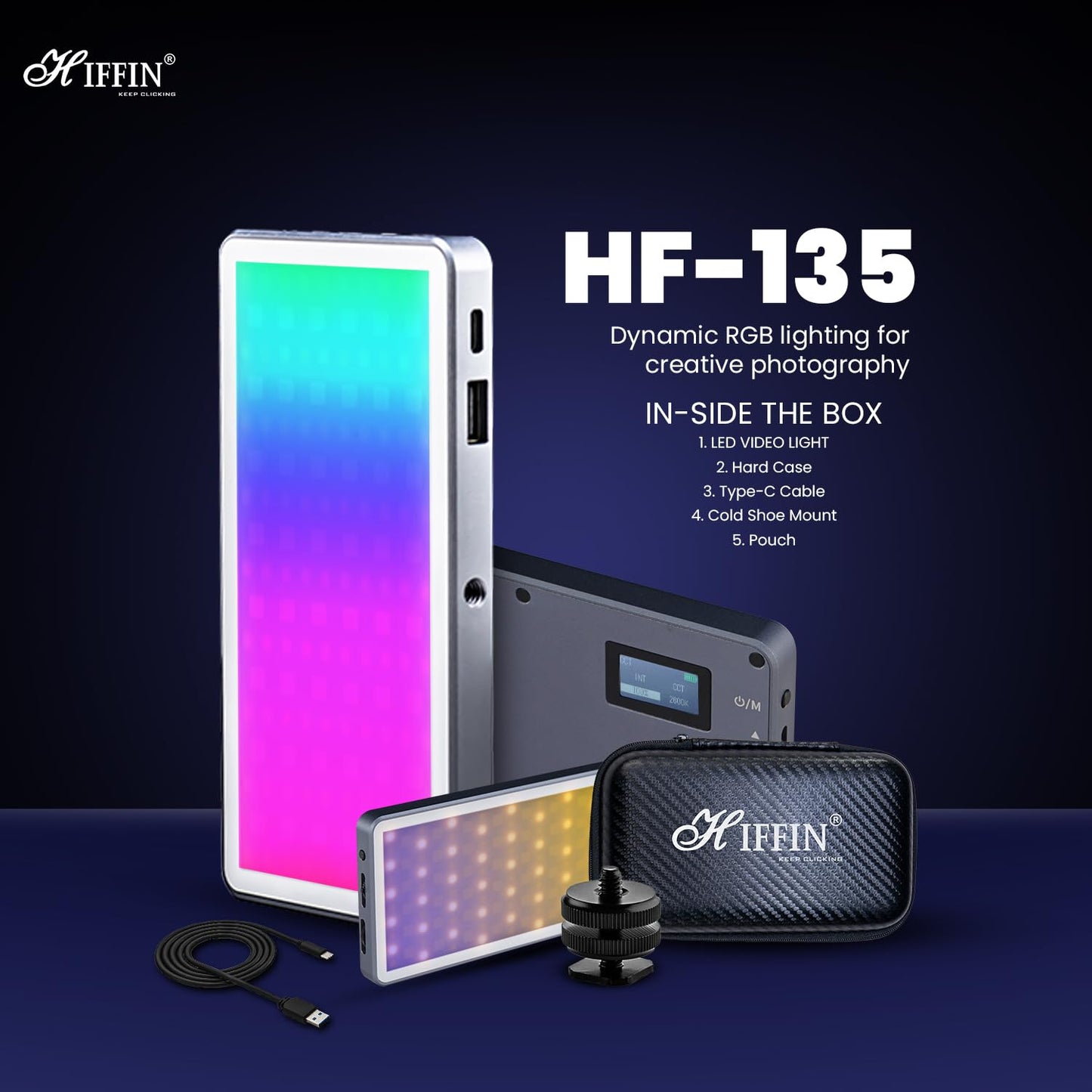 HF-135 Portable RGB LED Video Light, 24 Effects, 2500K-9000K, 4000mAh