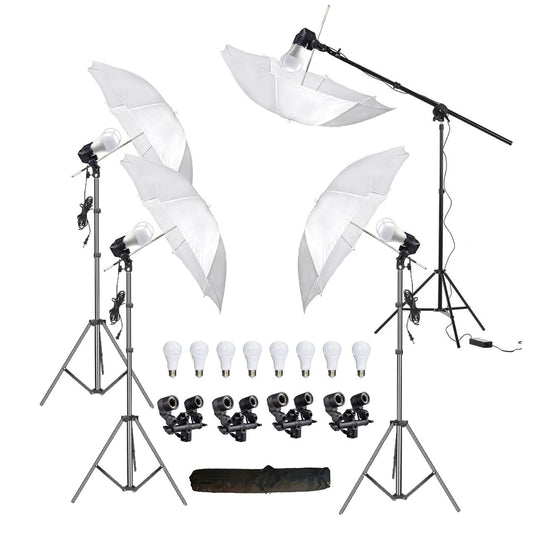 HIFFIN E27 4 Point Studio Double Holder Kit Umbrella White + Studio Light Stand 9 FT Bulb Holder KIT Mark IIII | 4 Double Holder | 4 Light Stand 9ft | 4 Umbrella | 8 20 W LED Bulb | 1 Boom