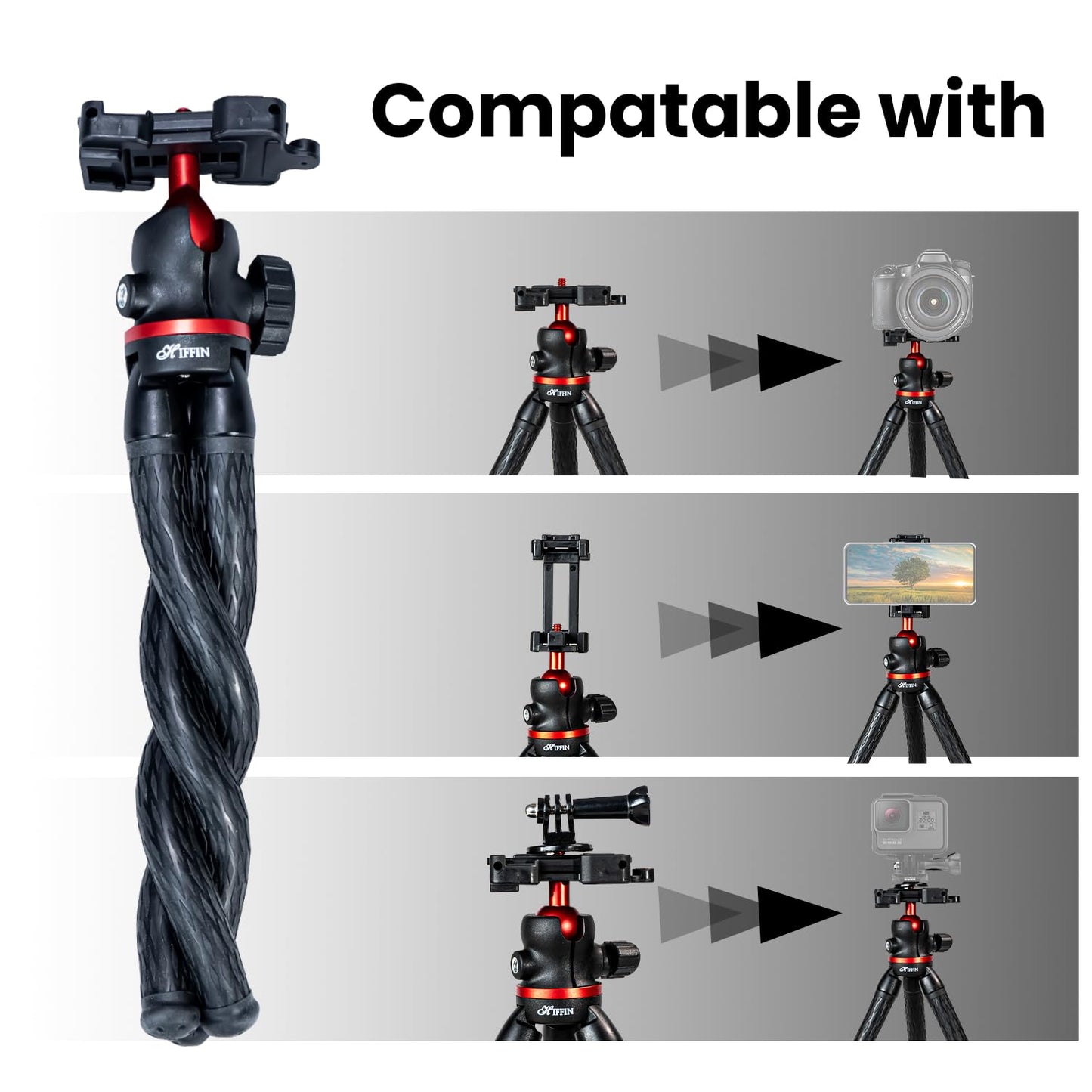 HTR-11 Mini Flexible Tripod with Phone Holder, Cold Shoe & 1/4 Screw
