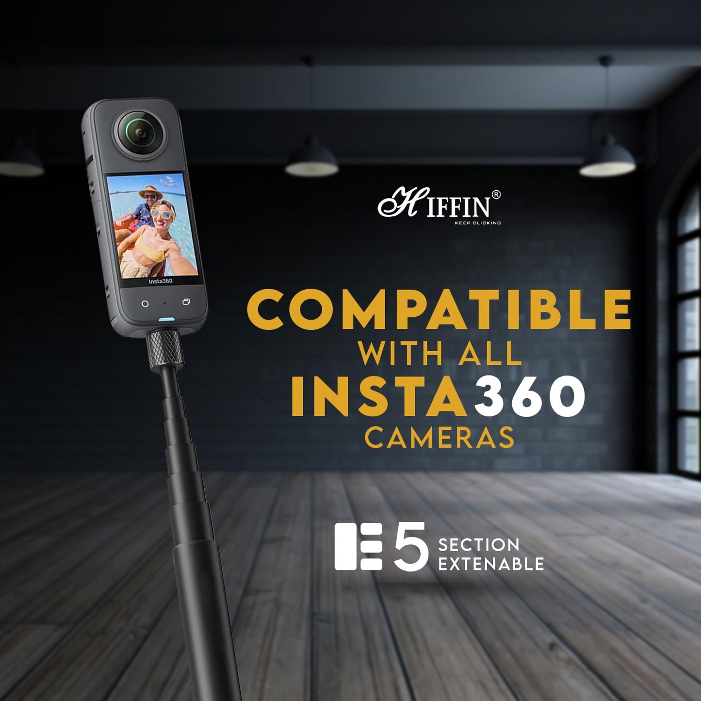 HIFFIN Universal Invisible Monopod Stick 118 Cms for Insta 360 One X2 X3 One R Invisible Selfie Stick, Hero 9/8/7/6, Sjcam, Yi & Other Action Cameras (1.2 Meter Selfie Stick for Action Cameras) Black