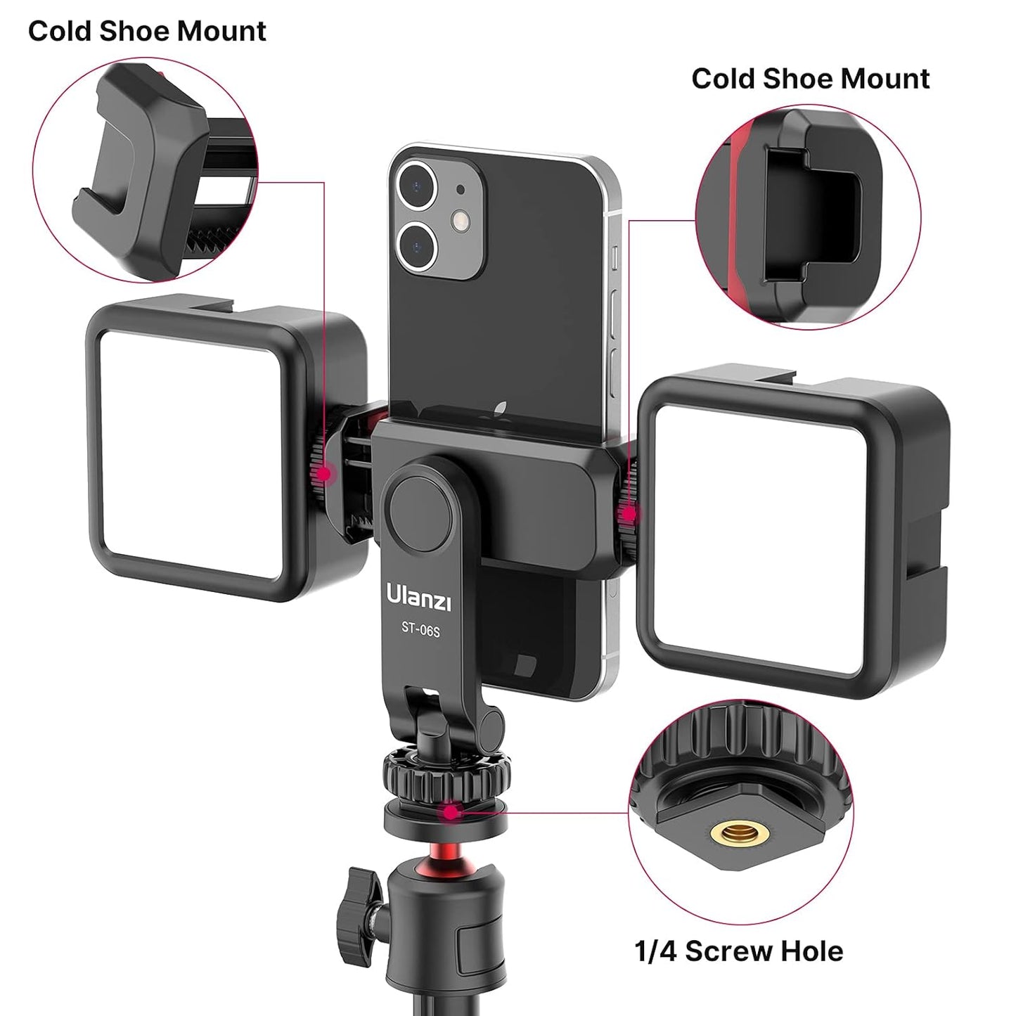 Uanzi ST-06S Universal Smartphone Mount with 2 Cold Shoes, 360° Rotation, Adjustable Clip