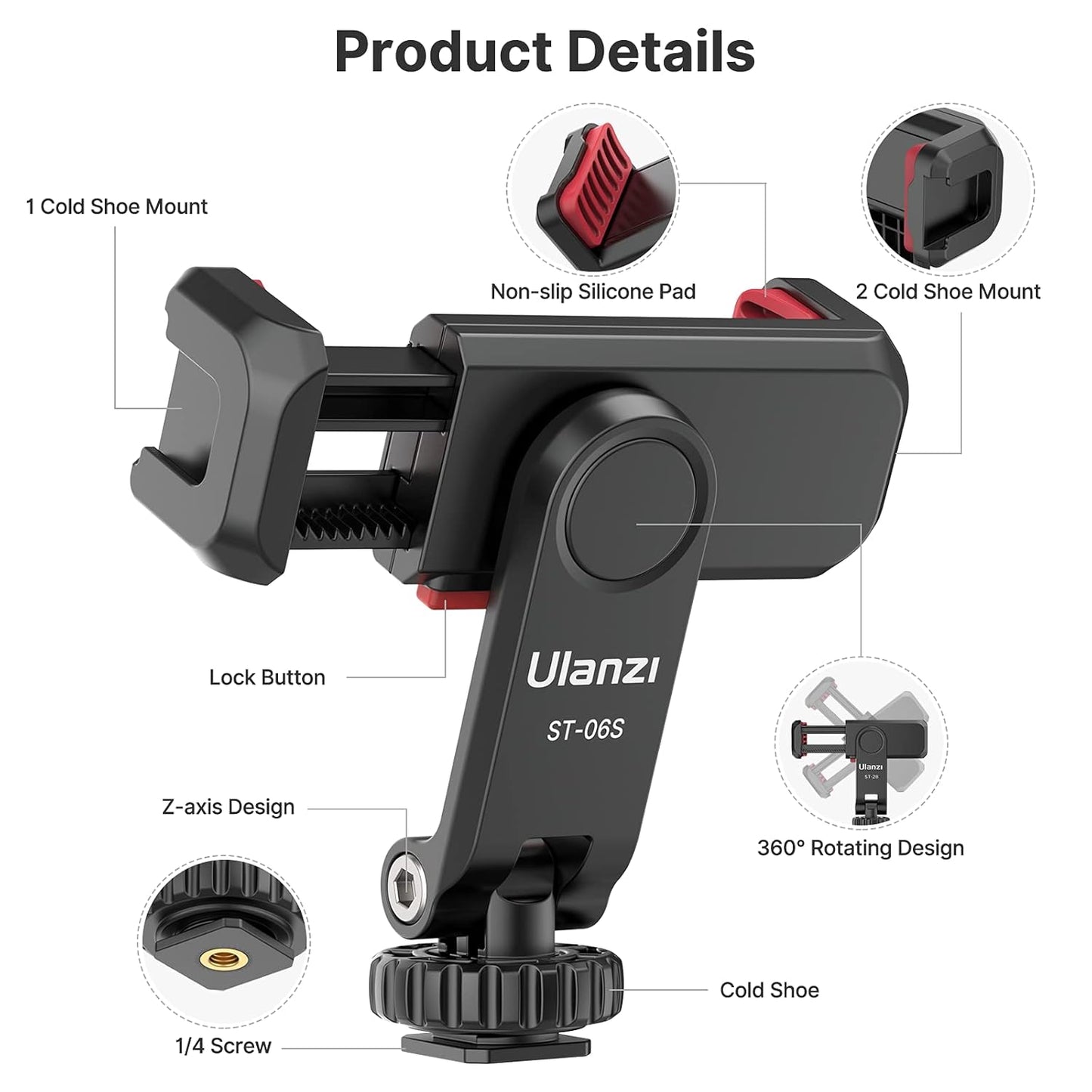 Uanzi ST-06S Universal Smartphone Mount with 2 Cold Shoes, 360° Rotation, Adjustable Clip