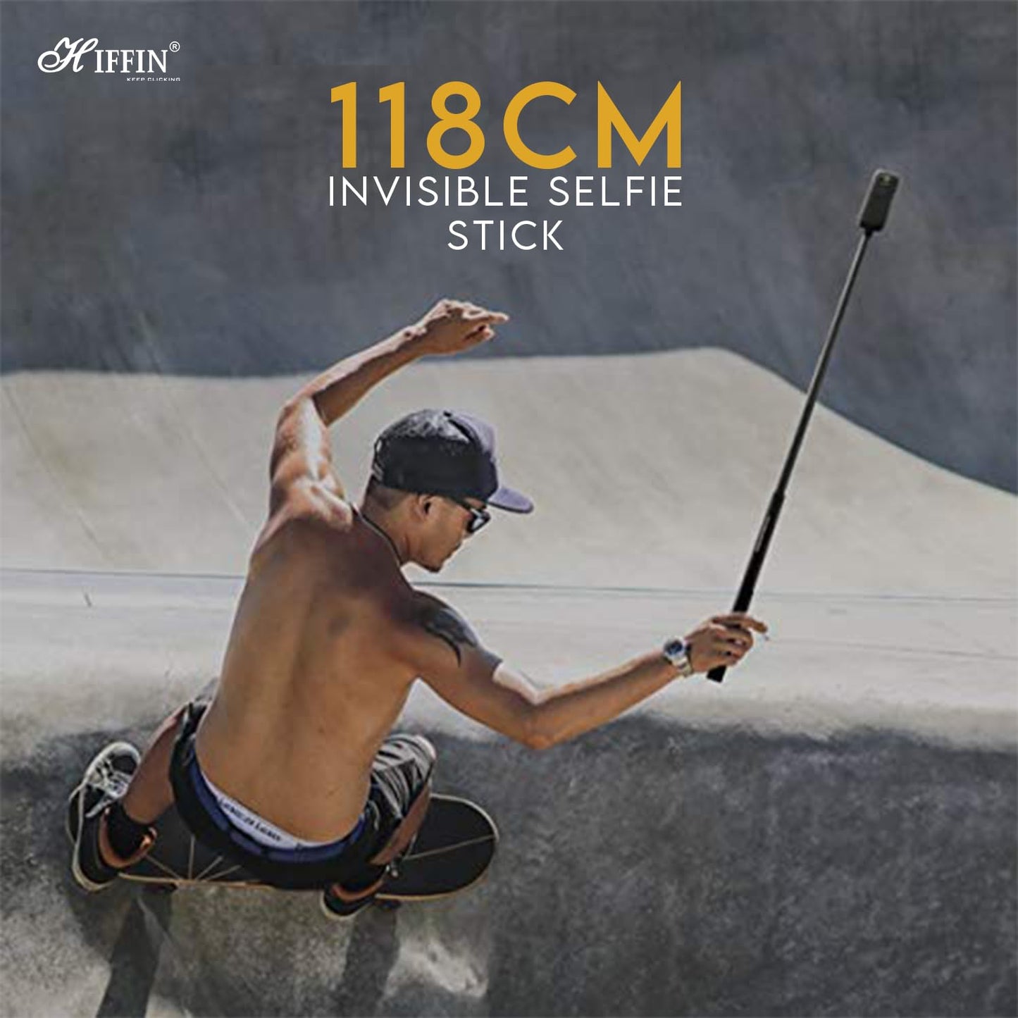 HIFFIN Universal Invisible Monopod Stick 118 Cms for Insta 360 One X2 X3 One R Invisible Selfie Stick, Hero 9/8/7/6, Sjcam, Yi & Other Action Cameras (1.2 Meter Selfie Stick for Action Cameras) Black