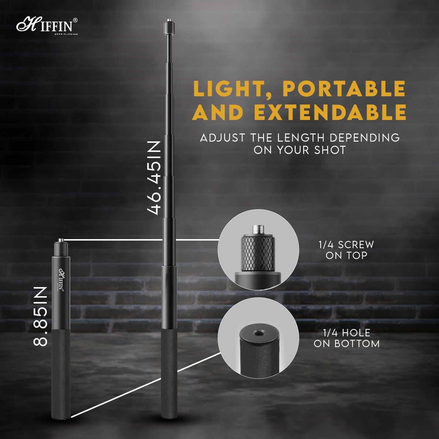 HIFFIN Universal Invisible Monopod Stick 118 Cms for Insta 360 One X2 X3 One R Invisible Selfie Stick, Hero 9/8/7/6, Sjcam, Yi & Other Action Cameras (1.2 Meter Selfie Stick for Action Cameras) Black