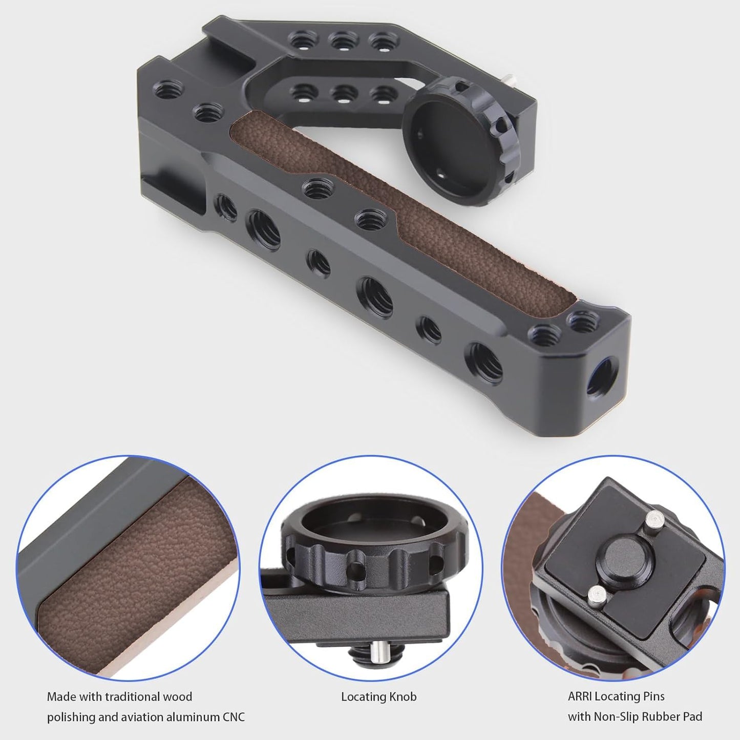 HIFFIN Handle Quick Release Handgrip for Camera Cage Rig with 3/8" ARRI locating pins, Anti-Off Design, and a Durable Leather-Metal Grip.