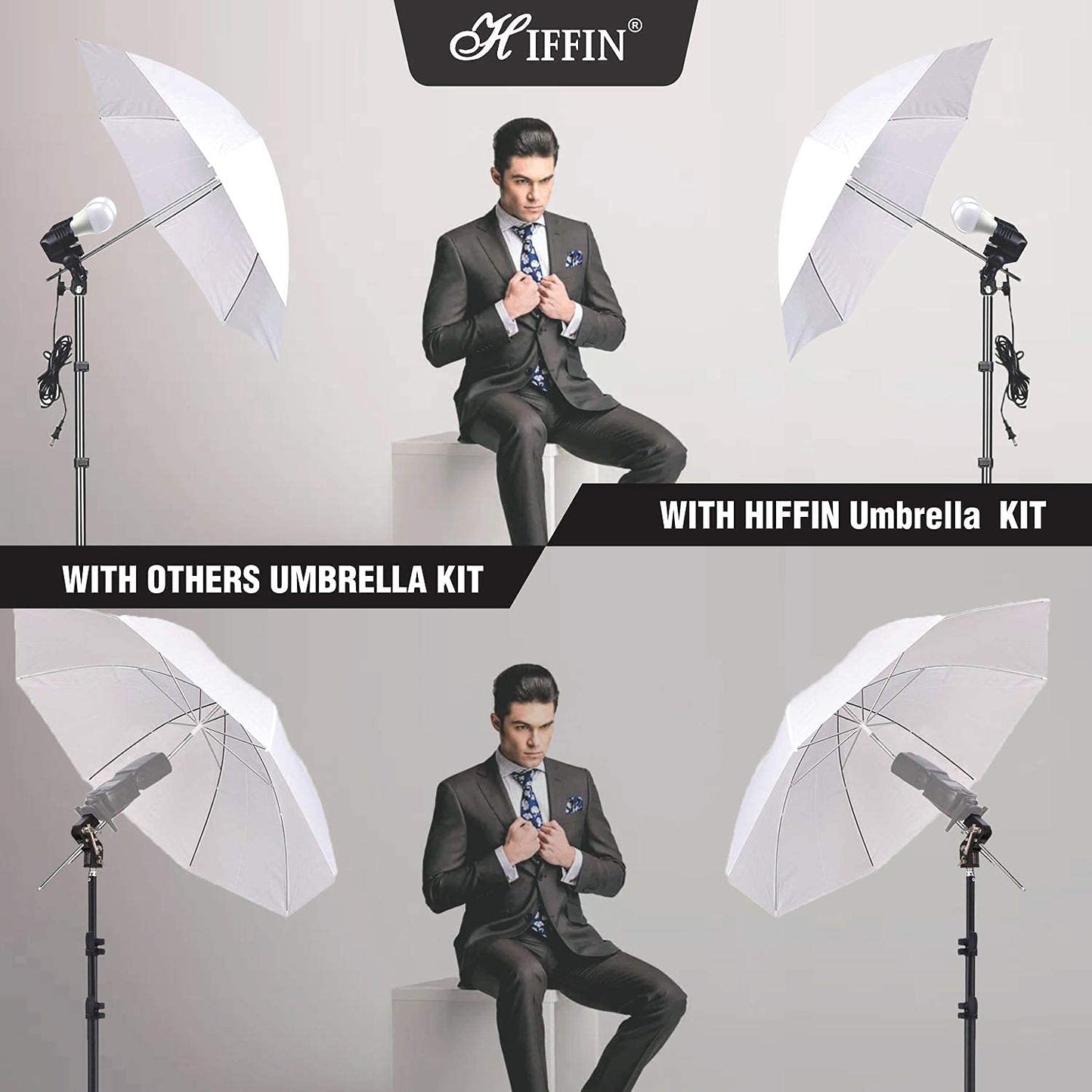 HIFFIN E27 4 Point Studio Double Holder Kit Umbrella White + Studio Light Stand 9 FT Bulb Holder KIT Mark IIII | 4 Double Holder | 4 Light Stand 9ft | 4 Umbrella | 8 20 W LED Bulb | 1 Boom