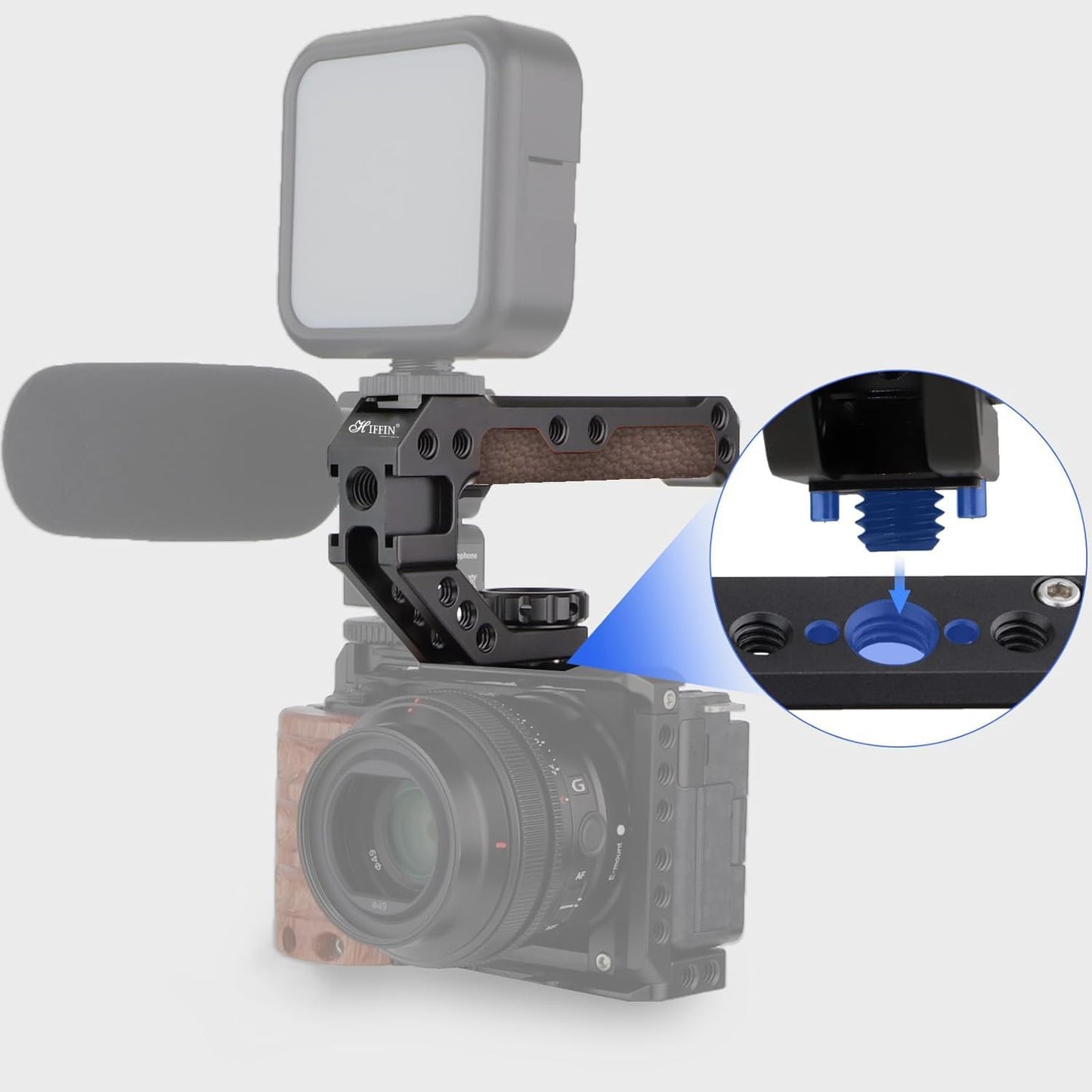 HIFFIN Handle Quick Release Handgrip for Camera Cage Rig with 3/8" ARRI locating pins, Anti-Off Design, and a Durable Leather-Metal Grip.