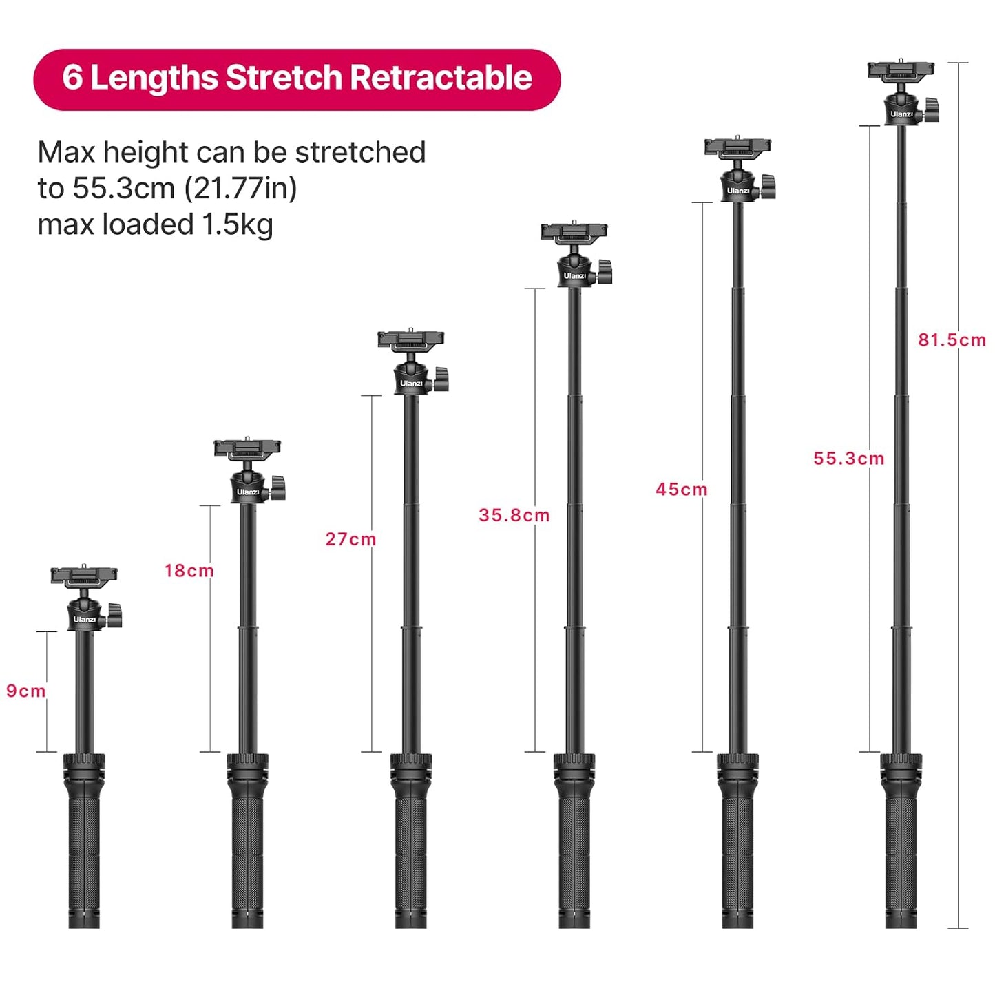 Ulanzi MT-34 Extendable Tripod, Selfie Stick, 2-in-1 Clamp