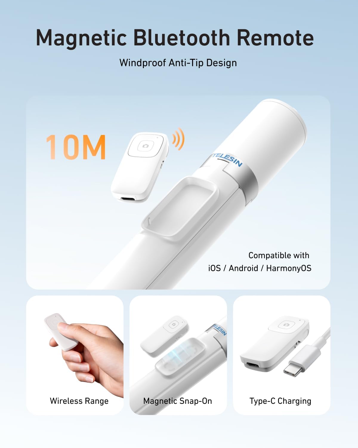 TELESIN 70" Phone Tripod Stand, Auto-Open Selfie Stick, Magnetic Remote, 360° Adjustable