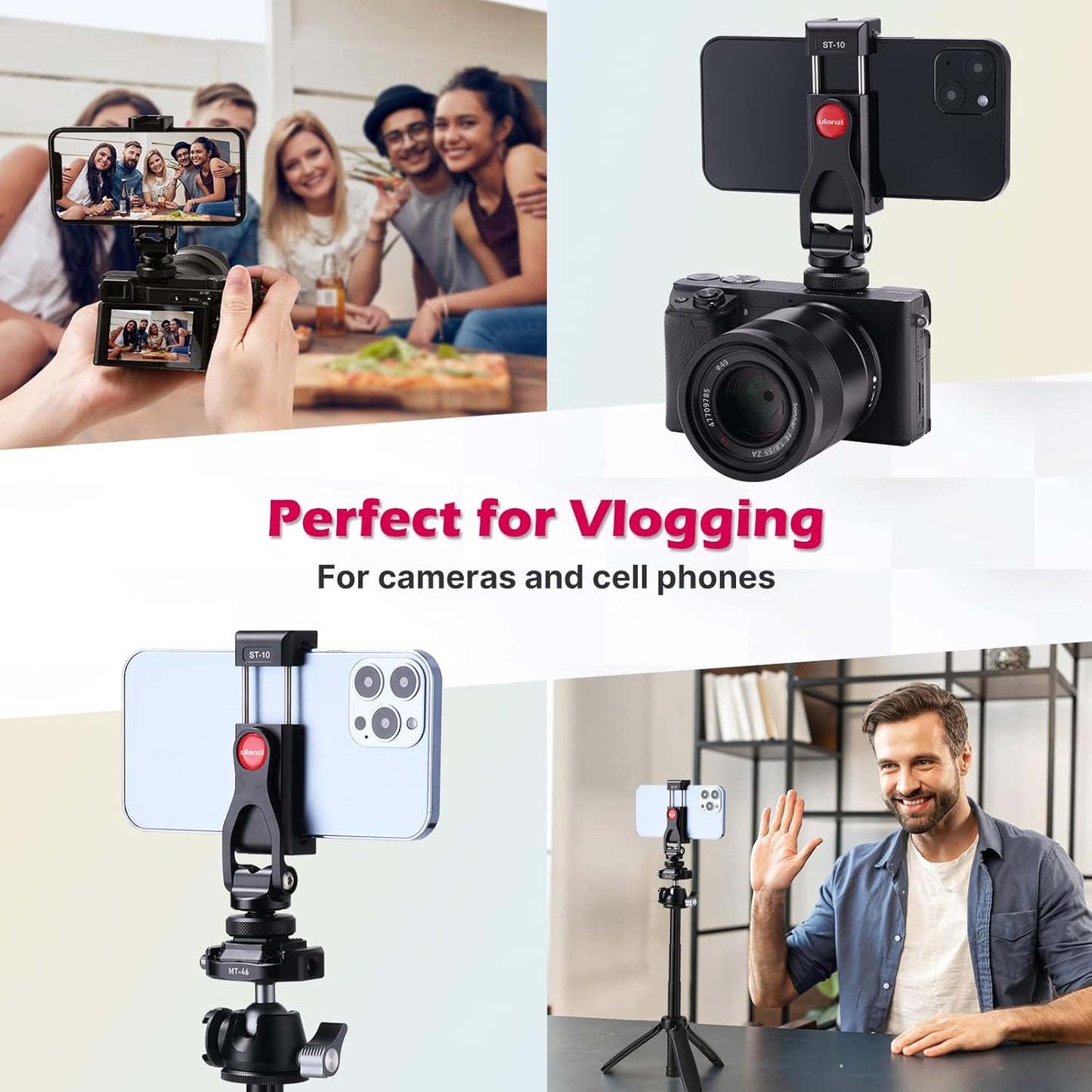 ULANZI ST-10 Metal Phone Tripod Mount, 360° Universal Clamp, 2 Cold Shoes