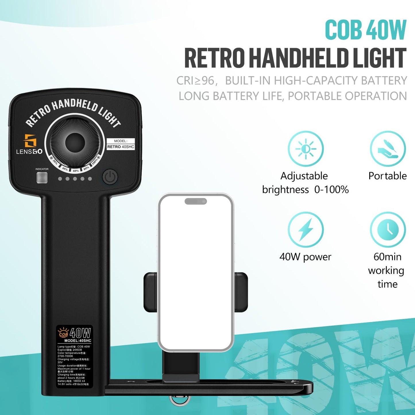LENSGO 40SHC 40W Bi-Color Video Light, CRI96+, Dimmable, 8 Effects, Softbox