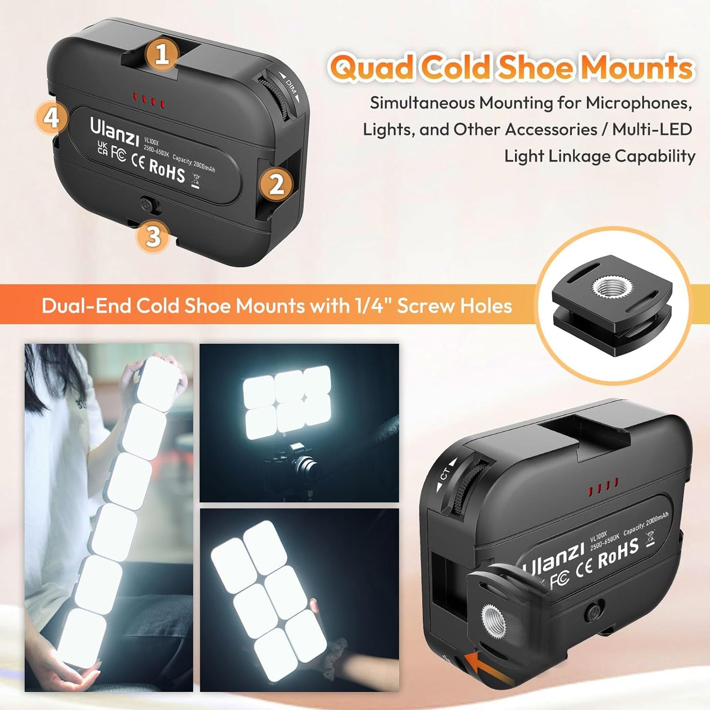 Ulanzi VL100X Selfie Clip LED Light, 2500-6500K Bi-Color, 2000mAh, Phone/Laptop Panel