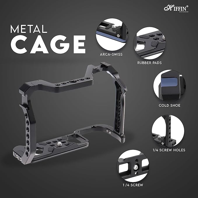 HIFFIN Metal Cage for EOS R5, R6, R6II, R5C Built-in Quick Release Plate for Arca-Type, Film Movie Making Camera Video Cage with Shoe Mount, 1/4'' & 3/8'' Threaded Holes