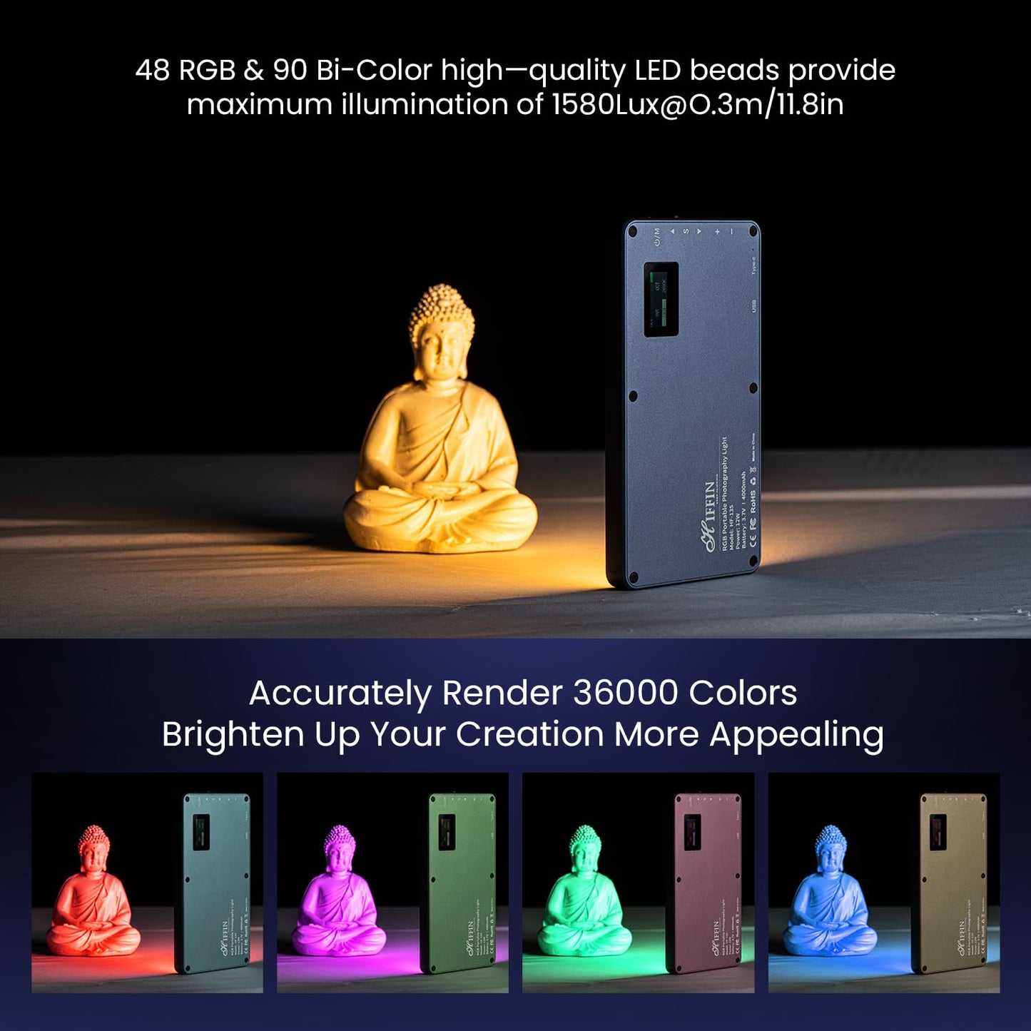 HF-135 Portable RGB LED Video Light, 24 Effects, 2500K-9000K, 4000mAh