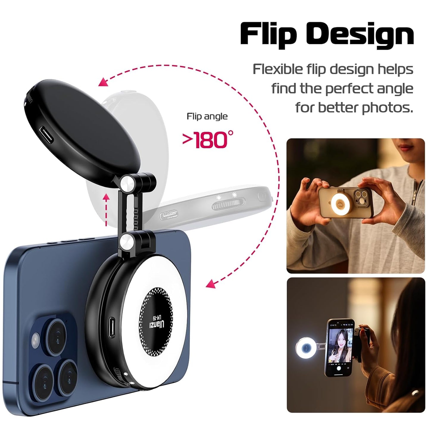 Ulanzi LM19 Magnetic LED Selfie Light with Magsafe, Sticky Ring for Phones