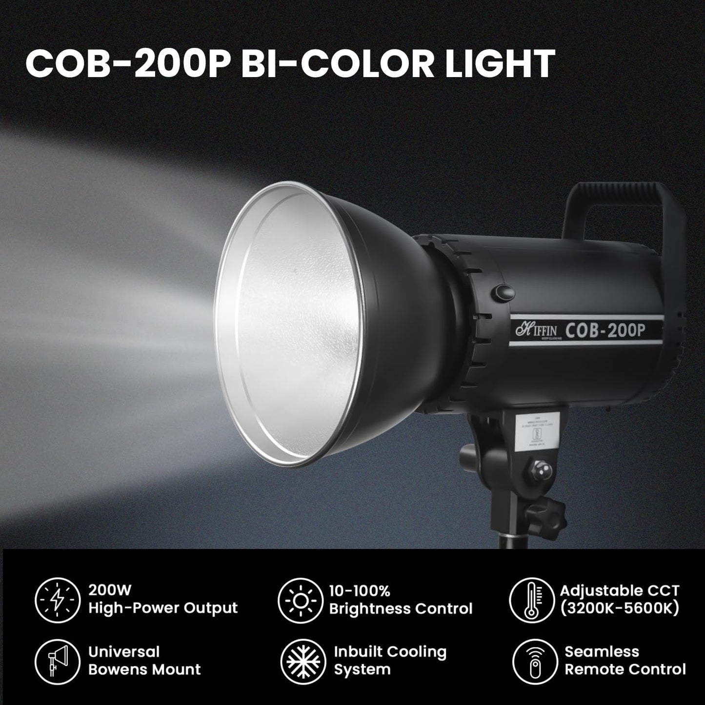 COB-200P 200W LED Video Light, 3200K-5600K Dimmable, Remote Control