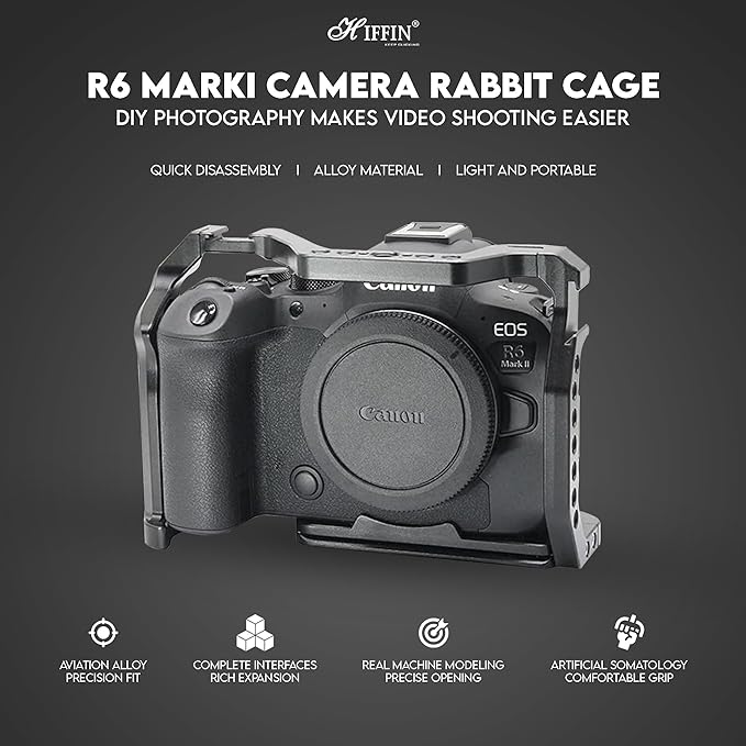 HIFFIN Metal Cage for EOS R5, R6, R6II, R5C Built-in Quick Release Plate for Arca-Type, Film Movie Making Camera Video Cage with Shoe Mount, 1/4'' & 3/8'' Threaded Holes