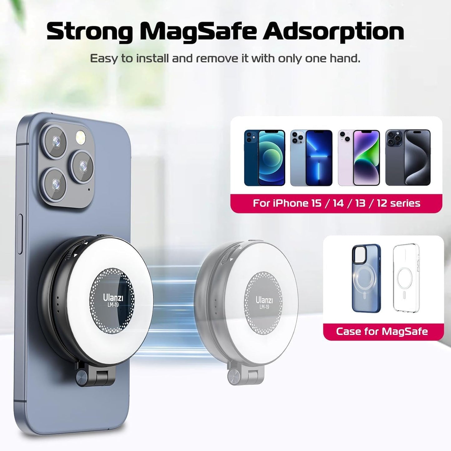 Ulanzi LM19 Magnetic LED Selfie Light with Magsafe, Sticky Ring for Phones